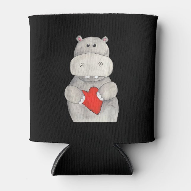 Cute Hippo Hippopotamus Holding Heart | Love Hippo Can Cooler (Front)