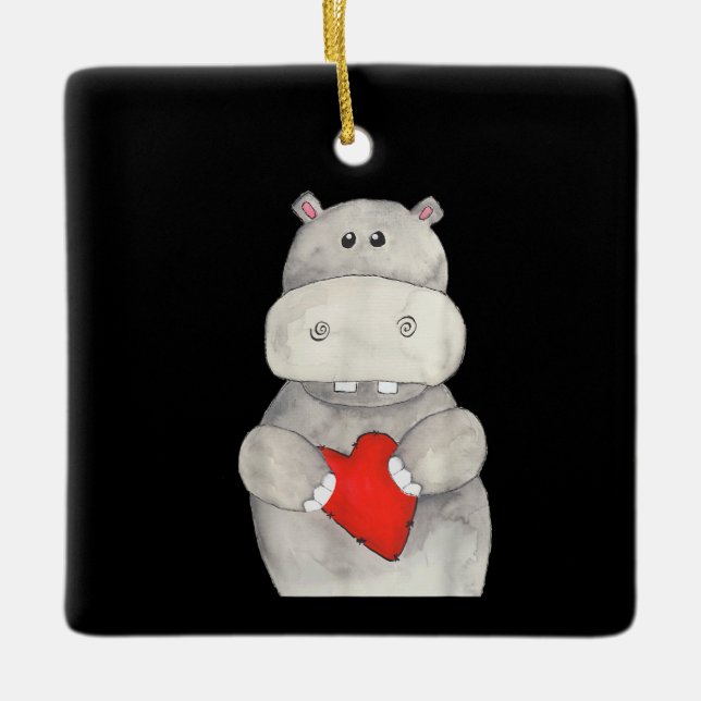 Cute Hippo Hippopotamus Holding Heart | Love Hippo Ceramic Ornament (Front)