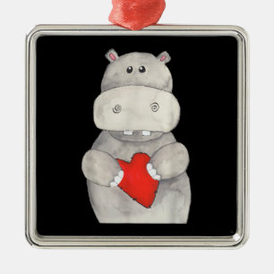 Cute Hippo Hippopotamus Holding Heart Love Hippo Metal Ornament