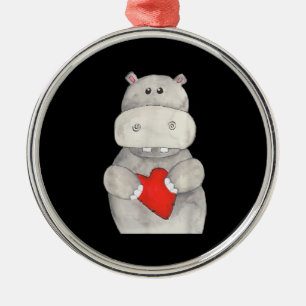 Cute Hippo Hippopotamus Holding Heart Love Hippo Metal Ornament