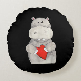 Cute Hippo Hippopotamus Holding Heart Love Hippo Round Pillow