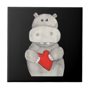 Cute Hippo Hippopotamus Holding Heart   Love Hippo Tile