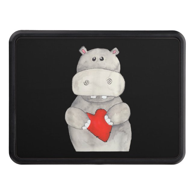 Cute Hippo Hippopotamus Holding Heart | Love Hippo Trailer Hitch Cover (Front)