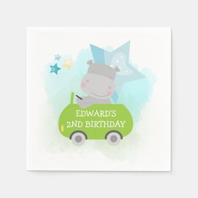 Cute Hippo in Green Car Toddler Birthday Party Napkin (Front)