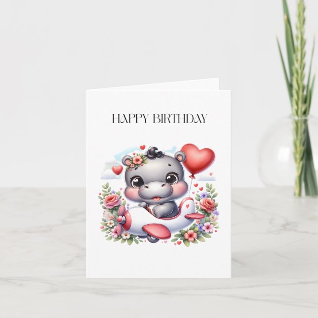 Cute Hippo in Heart Plane Card (Front)