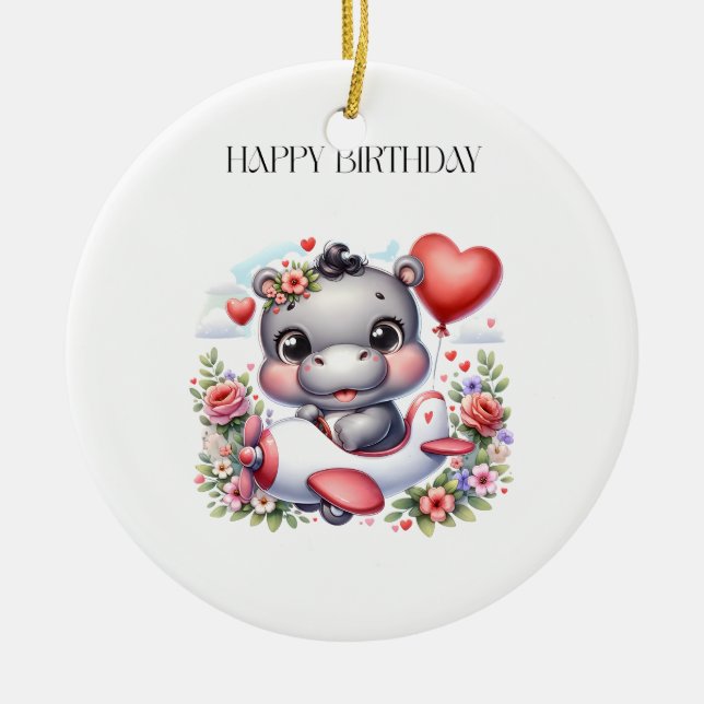 Cute Hippo in Heart Plane Ceramic Ornament (Front)