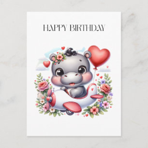 Cute Hippo in Heart Plane Postcard
