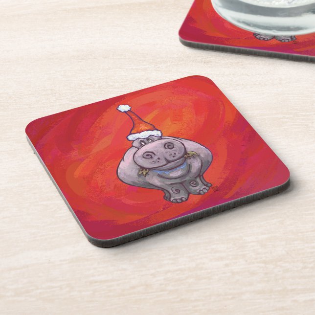 Cute Hippo in Santa Hat on Red Coaster (Left Side)