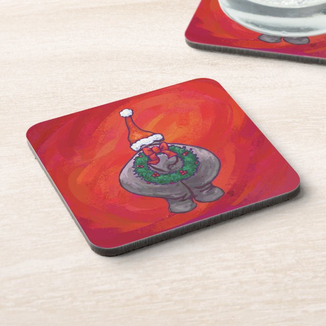 Cute Hippo in Santa Hat on Red Coaster (Left Side)