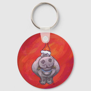 Cute Hippo in Santa Hat on Red Keychain