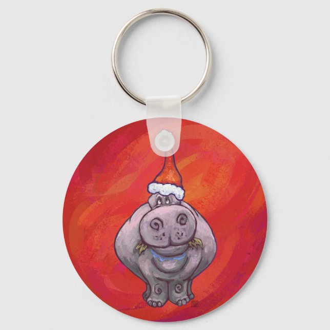 Cute Hippo in Santa Hat on Red Keychain (Front)