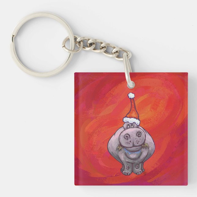 Cute Hippo in Santa Hat on Red Keychain (Front)