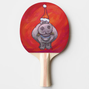 Cute Hippo in Santa Hat on Red Ping Pong Paddle