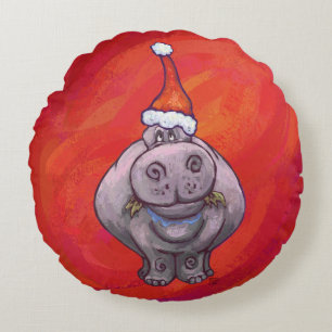 Cute Hippo in Santa Hat on Red Round Pillow