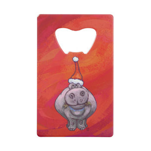 Cute Hippo in Santa Hat on Red Wallet Bottle Opener