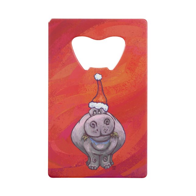 Cute Hippo in Santa Hat on Red Wallet Bottle Opener (Front)