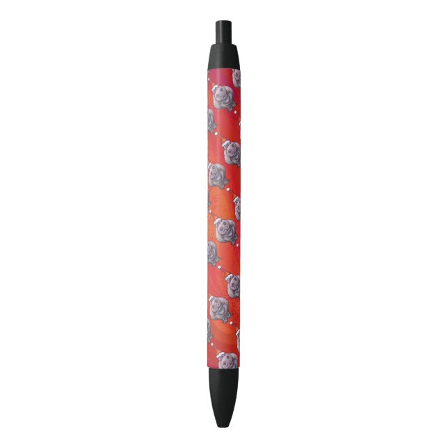 Cute Hippo in Santa Hat Pattern on Red Black Ink Pen (Front Vertical)
