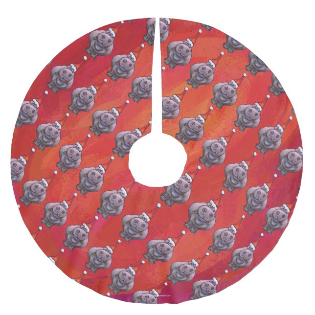 Cute Hippo in Santa Hat Pattern on Red Brushed Polyester Tree Skirt (Front)