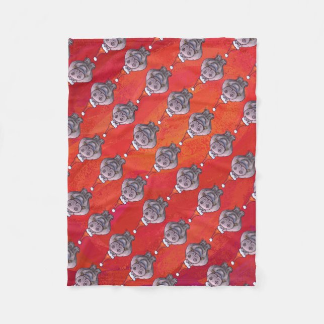 Cute Hippo in Santa Hat Pattern on Red Fleece Blanket (Front)