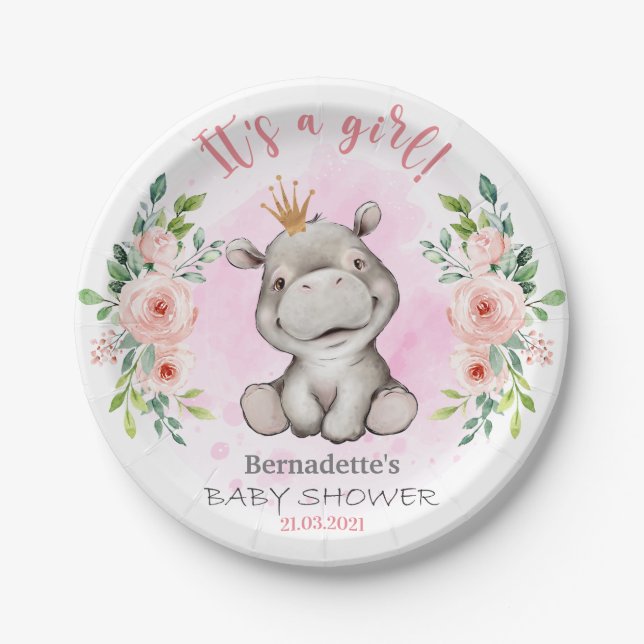 Cute Hippo It's a Girl Baby Shower Paper Plate (Front)