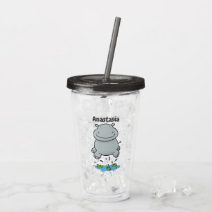 Cute hippo jumping cartoon illustration acrylic tumbler