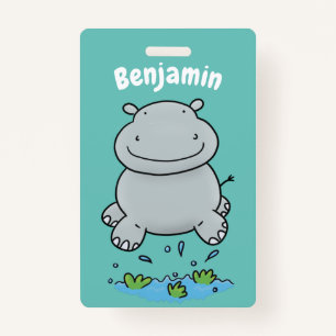 Cute hippo jumping cartoon illustration badge