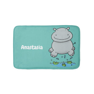 Cute hippo jumping cartoon illustration bath mat