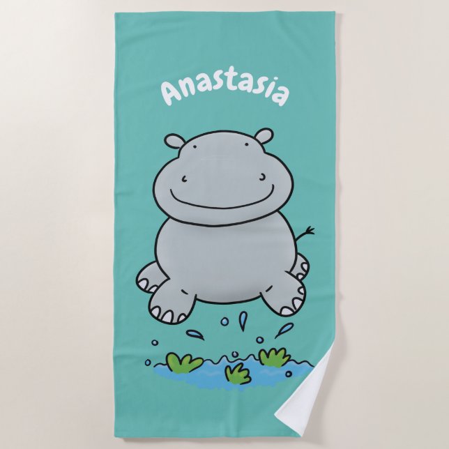 Cute hippo jumping cartoon illustration beach towel (Front)