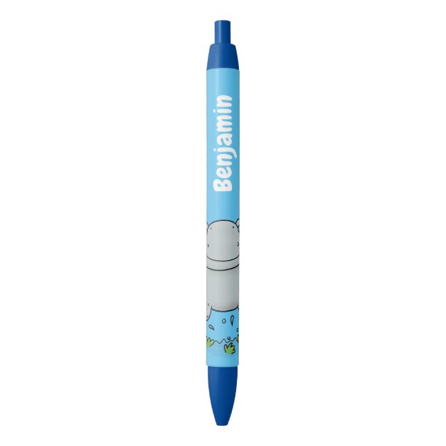 Cute hippo jumping cartoon illustration black ink pen (Front Vertical)