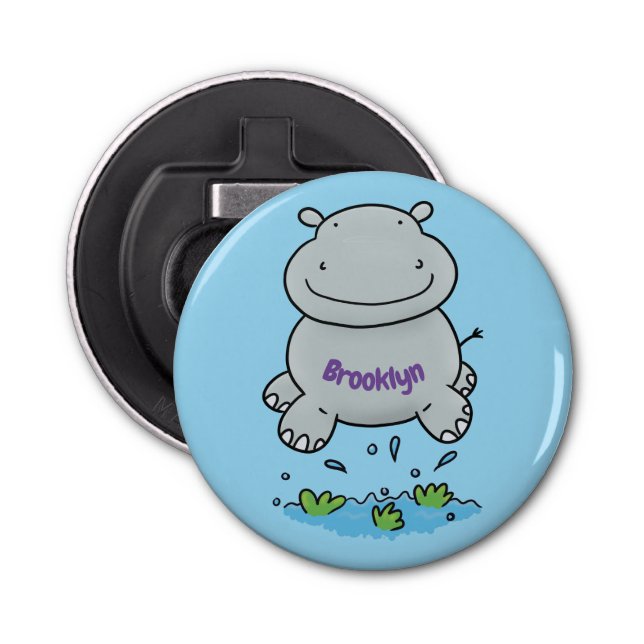 Cute hippo jumping cartoon illustration bottle opener (Front)