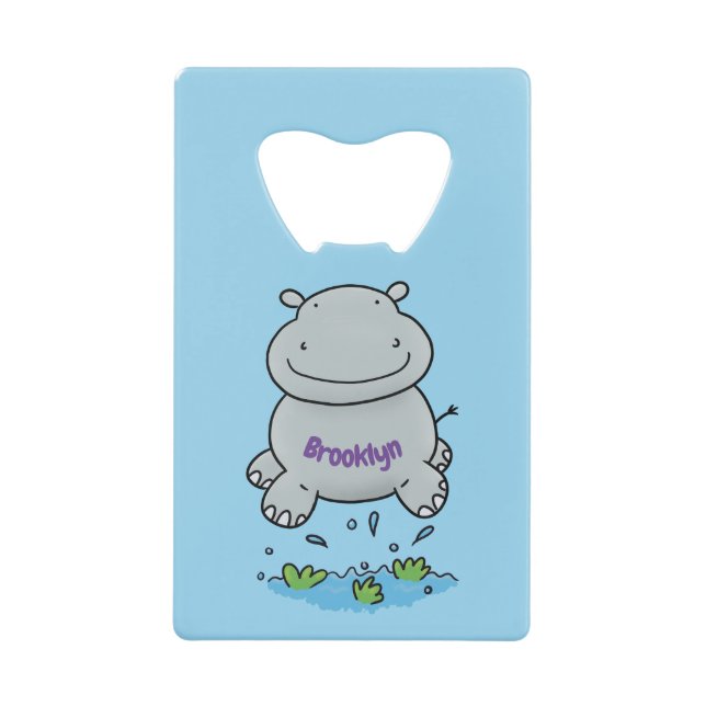 Cute hippo jumping cartoon illustration credit card bottle opener (Front)