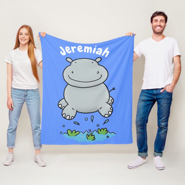Cute hippo jumping cartoon illustration fleece blanket (In Situ)