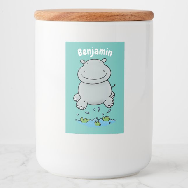 Cute hippo jumping cartoon illustration food label (Front)