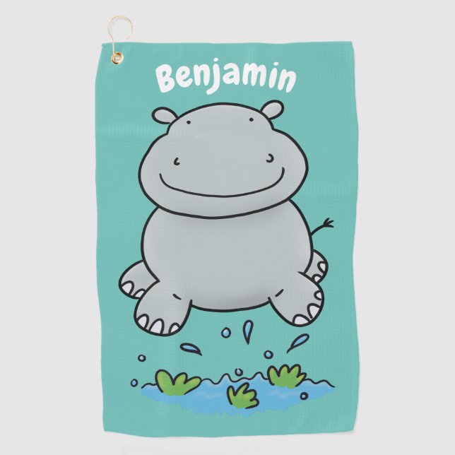 Cute hippo jumping cartoon illustration  golf towel (Front)