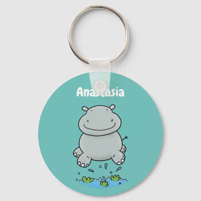 Cute hippo jumping cartoon illustration keychain (Front)