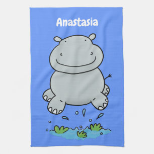 Cute hippo jumping cartoon illustration kitchen towel