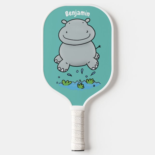 Cute hippo jumping cartoon illustration pickleball paddle (Front)