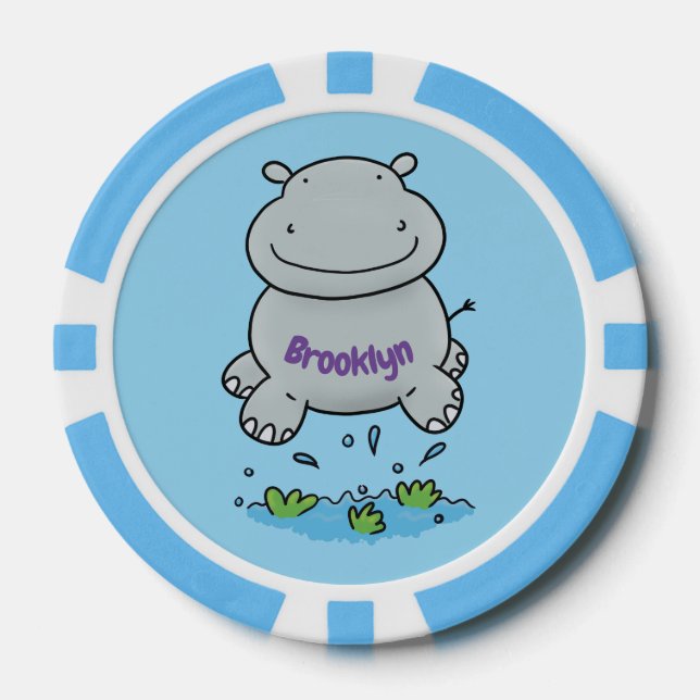 Cute hippo jumping cartoon illustration poker chips (Front)