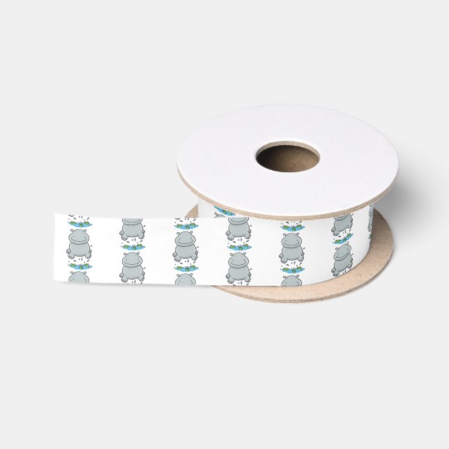 Cute hippo jumping cartoon illustration satin ribbon (Spool)