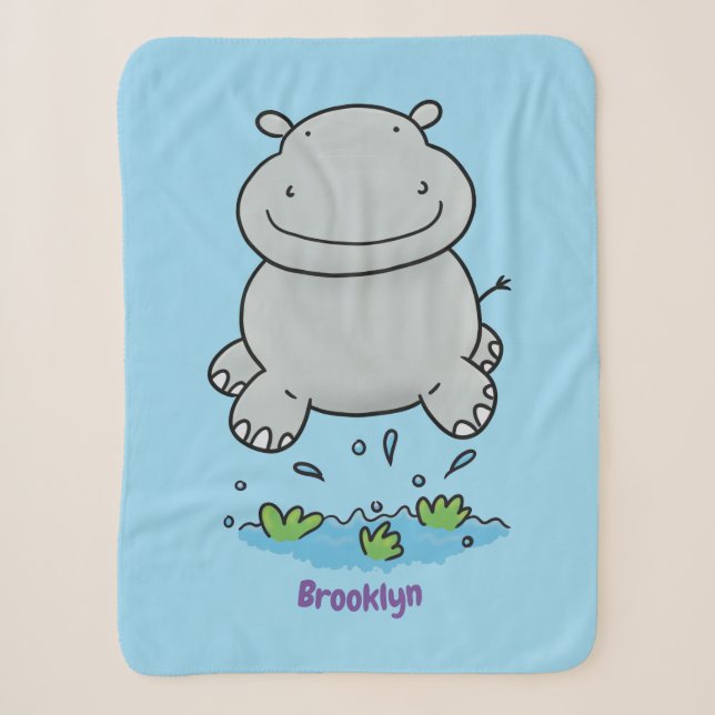 Cute hippo jumping cartoon illustration sherpa blanket (Front)
