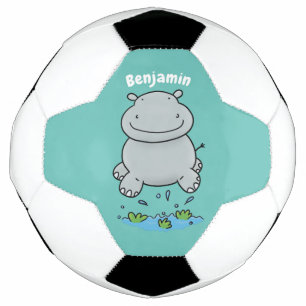 Cute hippo jumping cartoon illustration soccer ball