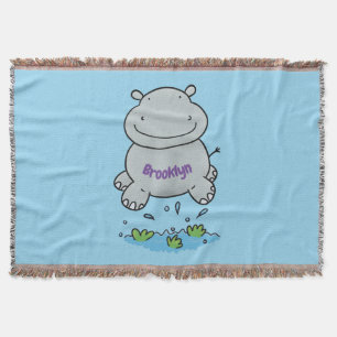 Cute hippo jumping cartoon illustration throw blanket