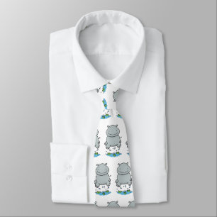 Cute hippo jumping cartoon illustration tie