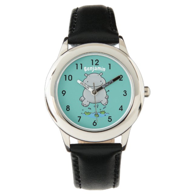 Cute hippo jumping cartoon illustration watch (Front)