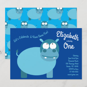 Cute Hippo Kids 1st Birthday Party Invitations