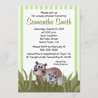 Cute Hippo Mom and Baby Green Shower Invitations