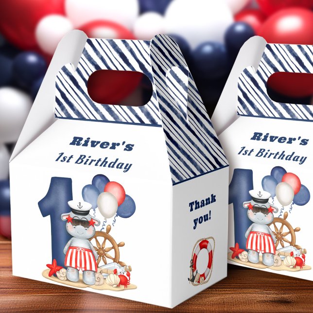 Cute Hippo Nautical 1st Birthday Boy Favor Box (Cute Hippo Nautical 1st Birthday Boy Favor Box)
