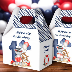 Cute Hippo Nautical 1st Birthday Boy Favor Box