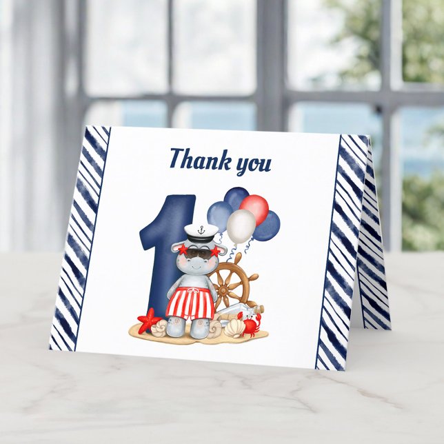 Cute Hippo Nautical Navy Blue 1st Birthday Boy Thank You Card (Cute Hippo Nautical Navy Blue 1st Birthday Boy Thank You Card)