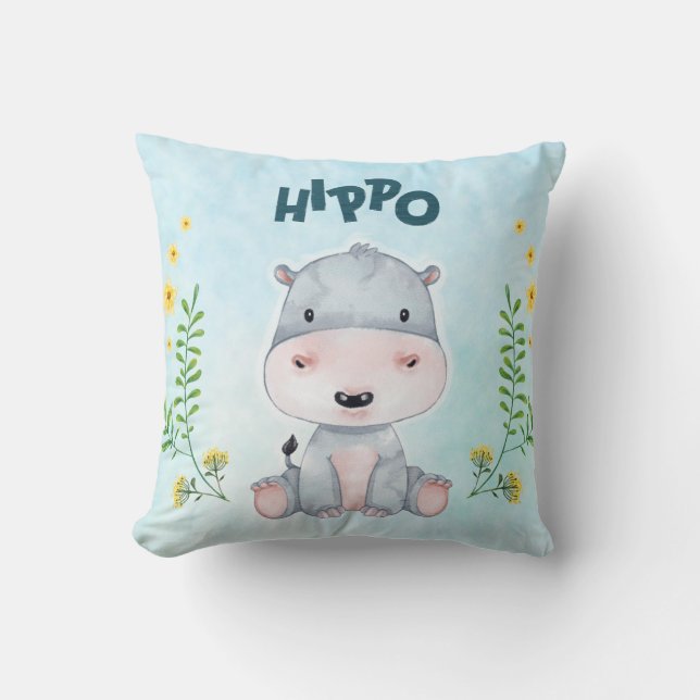 Cute Hippo Nursery Room Throw Pillow (Front)